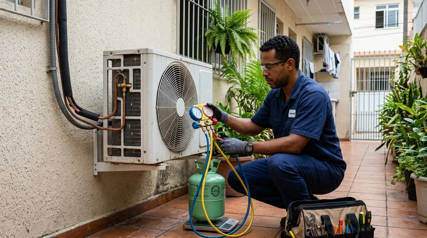 Técnico fazendo carga de gás na condensadora do ar-condicionado em Brasília‑DF