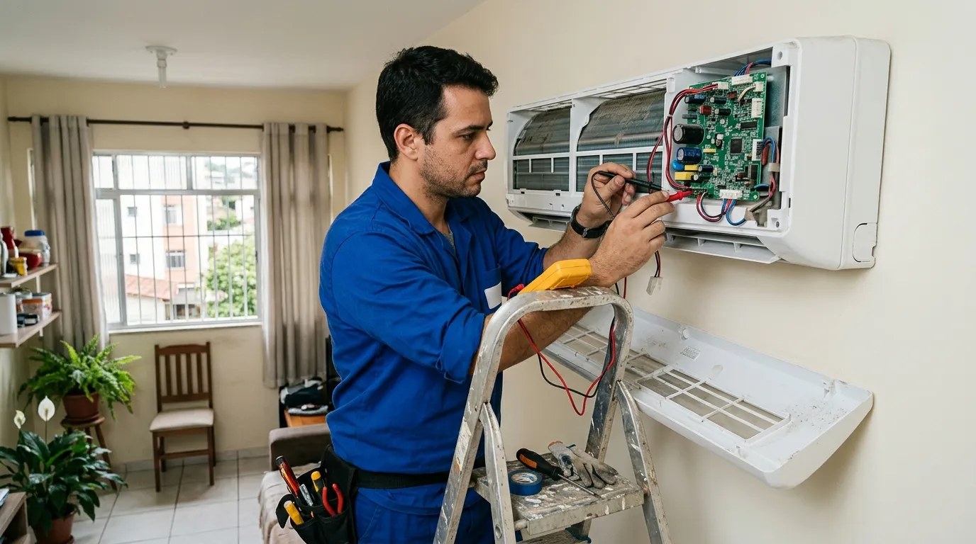 Técnico trocando a placa eletrônica de ar-condicionado split em Brasília‑DF