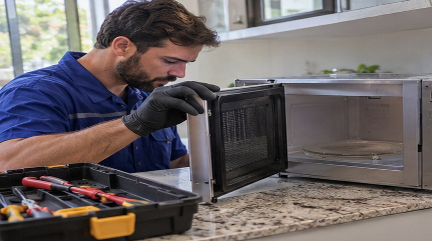 Conserto de micro-ondas em Brasília‑DF: técnico abrindo um micro-ondas de bancada