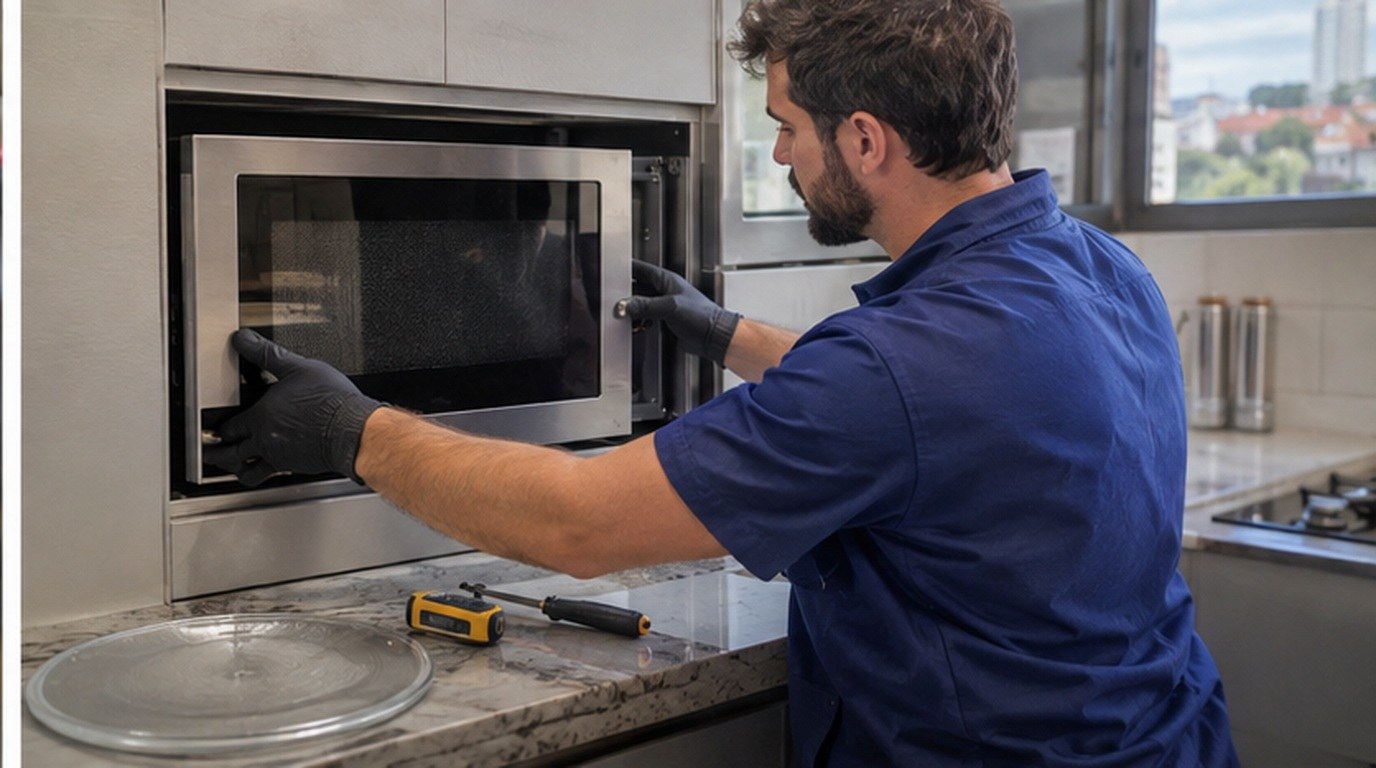 Conserto de micro-ondas de embutir em Brasília‑DF: técnico encaixando o aparelho no armário