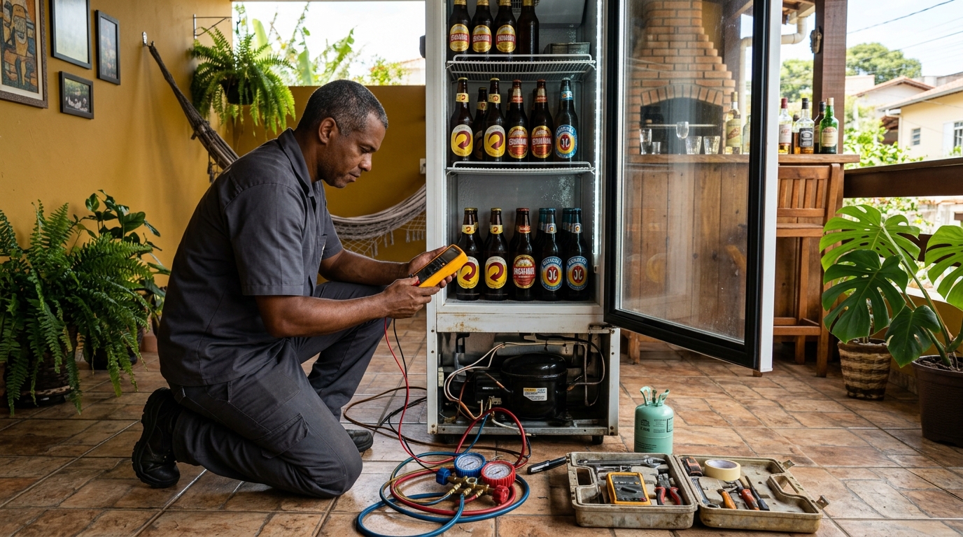 Placa eletrônica de cervejeira em reparo na bancada em Brasília‑DF
