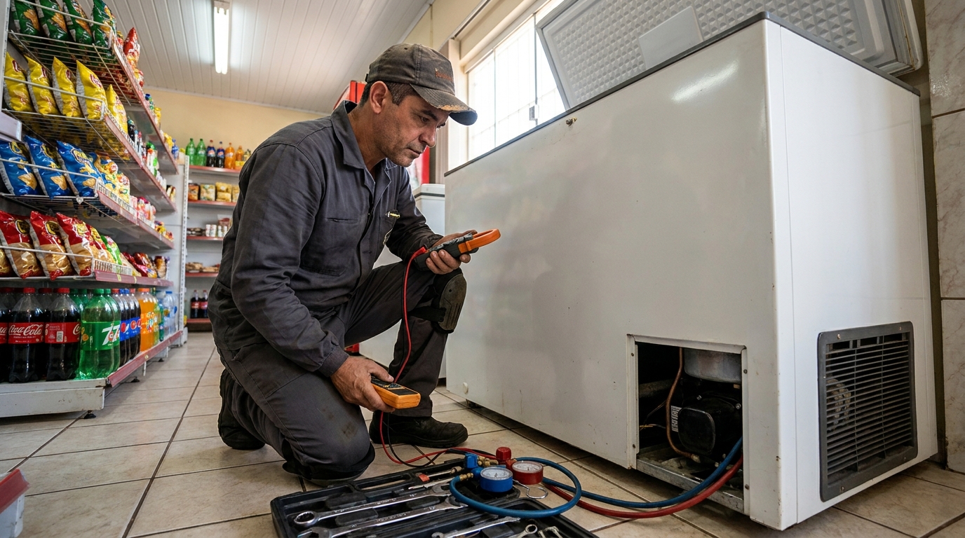 Reparo da placa eletrônica de um freezer em atendimento na Asa Norte, Brasília‑DF