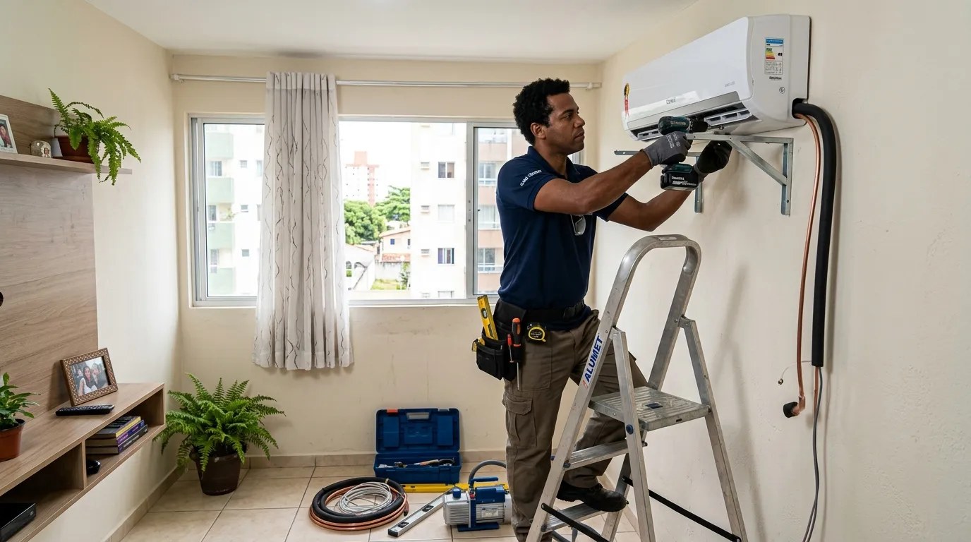 Técnico instalando ar-condicionado split em residência em Brasília‑DF
