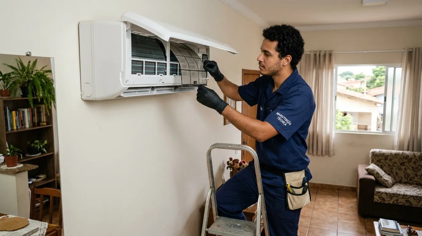 Técnico fazendo limpeza e higienização de ar-condicionado split em Brasília‑DF