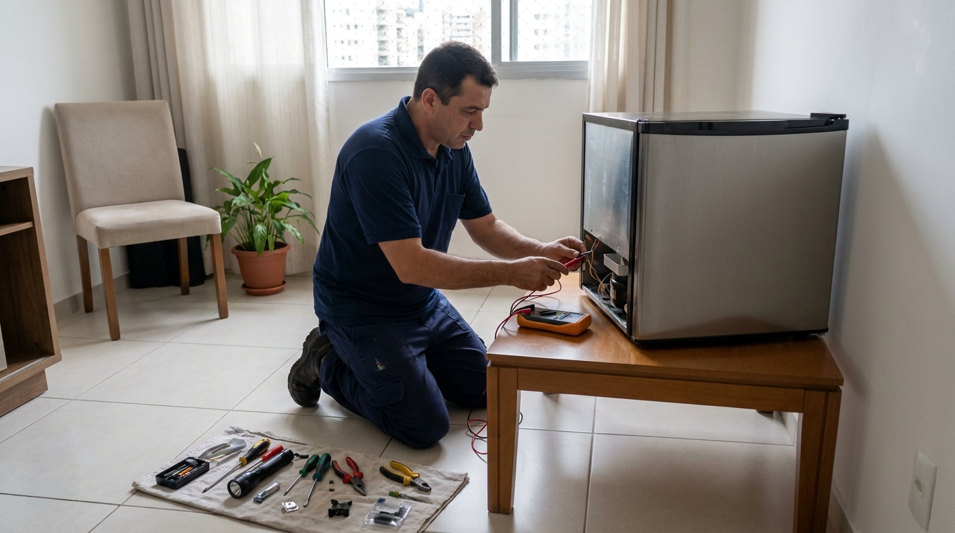 Técnico revisando o motor de um frigobar em Ceilândia, Brasília‑DF