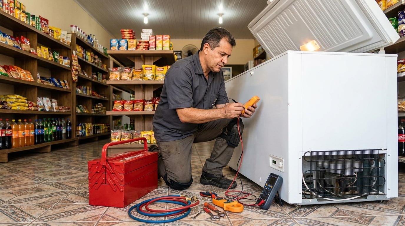 Manômetro conectado ao circuito durante recarga de gás de freezer na Asa Norte, Brasília‑DF