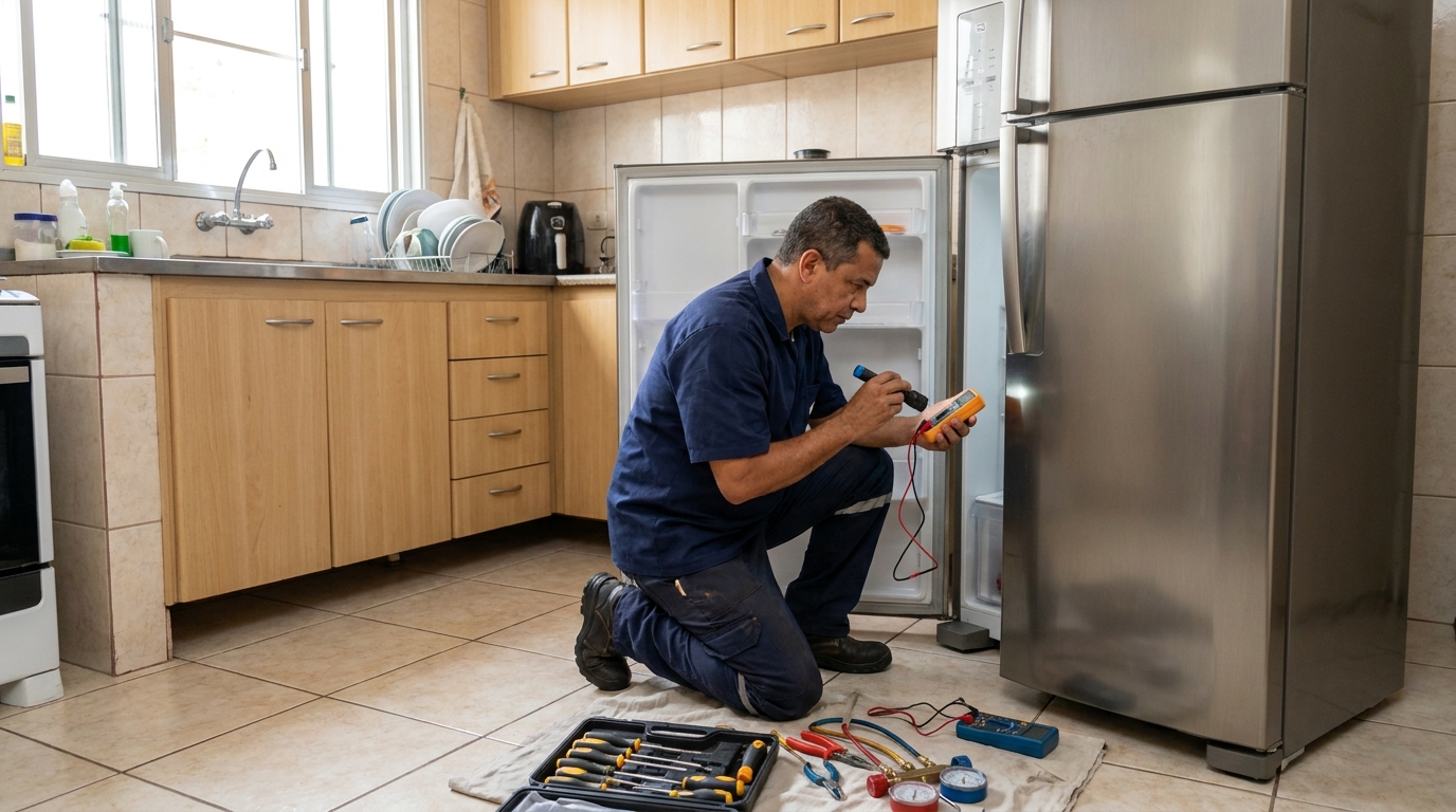 Técnico fazendo recarga de gás em geladeira de cliente na Área Octogonal, Brasília‑DF
