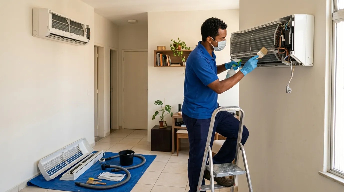 Técnico fazendo manutenção de ar-condicionado split em Brasília‑DF