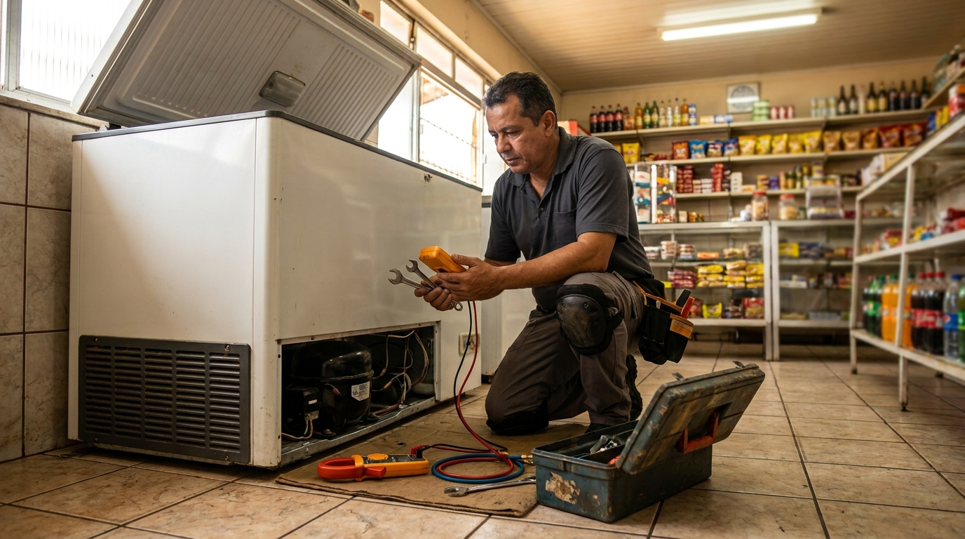 Técnico avaliando um freezer vertical durante atendimento na Asa Norte, Brasília‑DF
